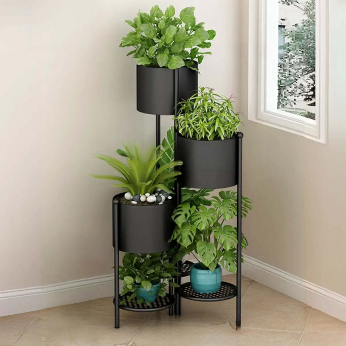 Arched Metal Stone Tray Rolling Plant Stand — Gold-White