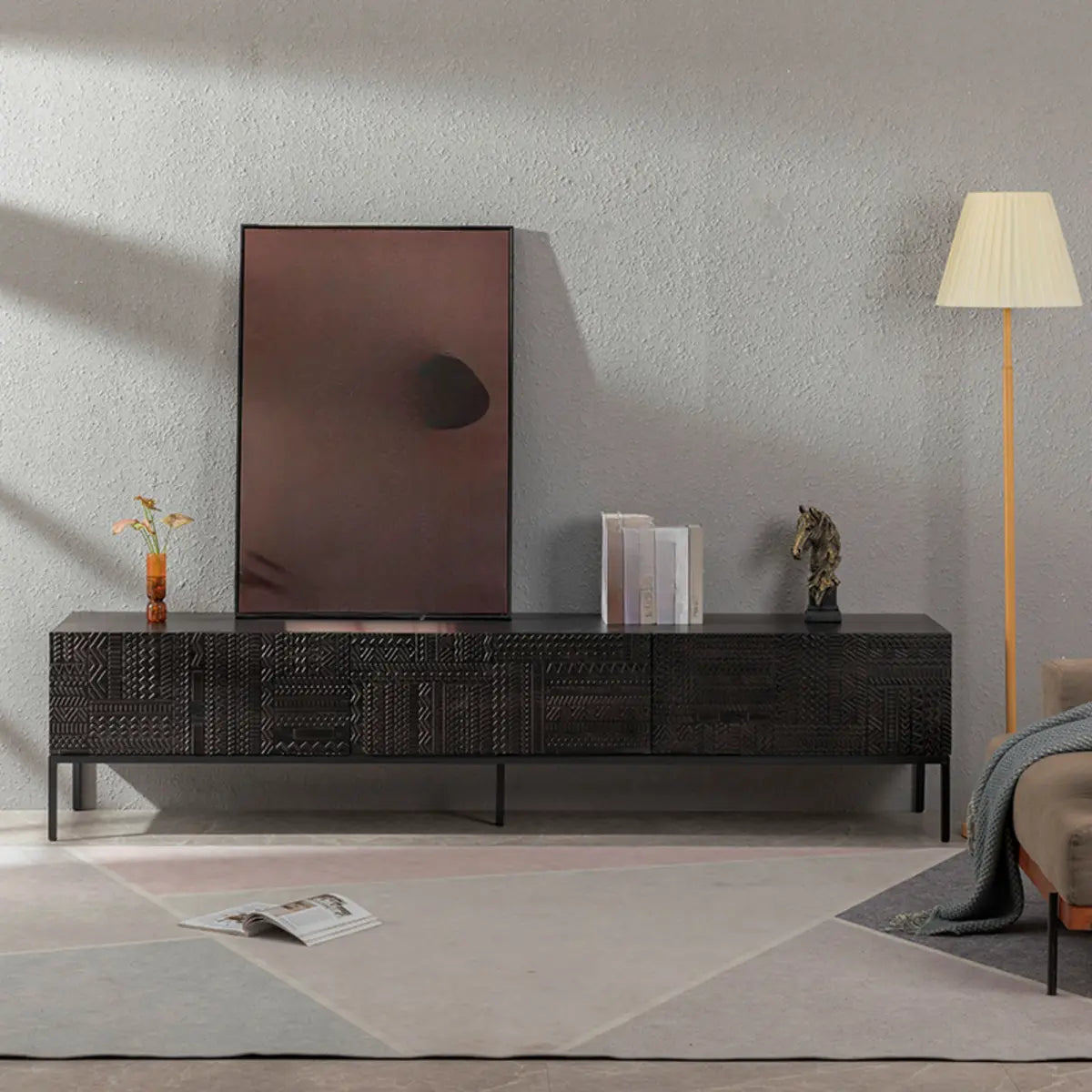 Elegant Black Wood Rectangle Carving TV Stand