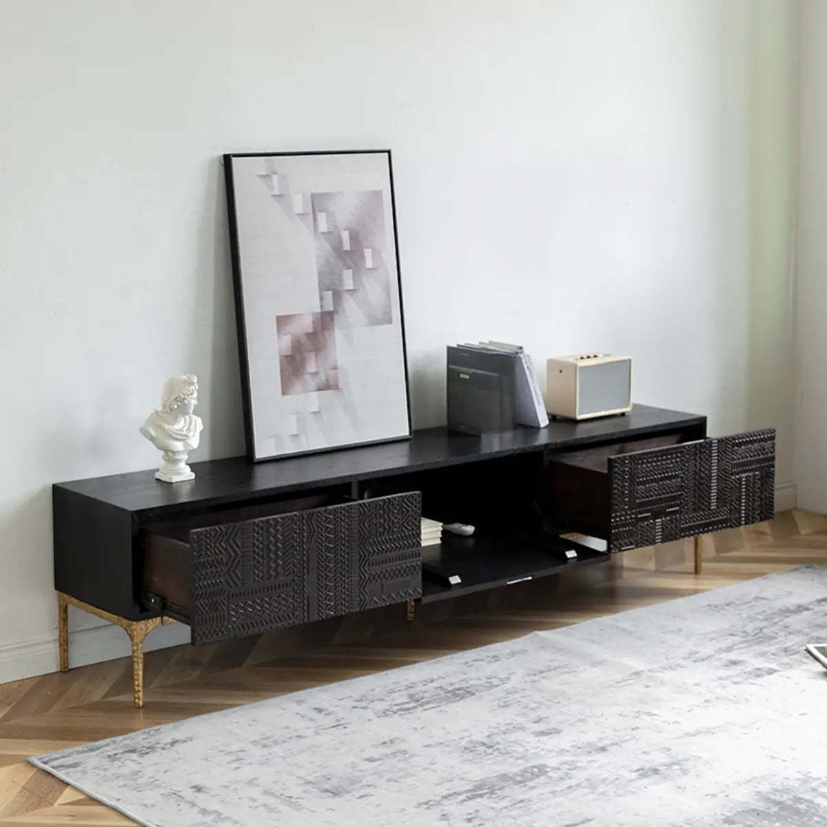 Elegant Black Wood Rectangle Carving TV Stand