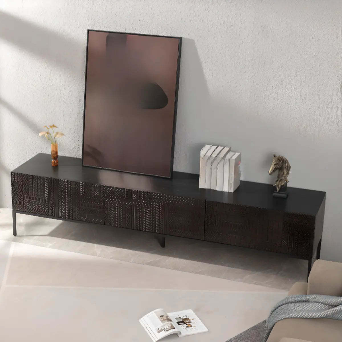 Elegant Black Wood Rectangle Carving TV Stand