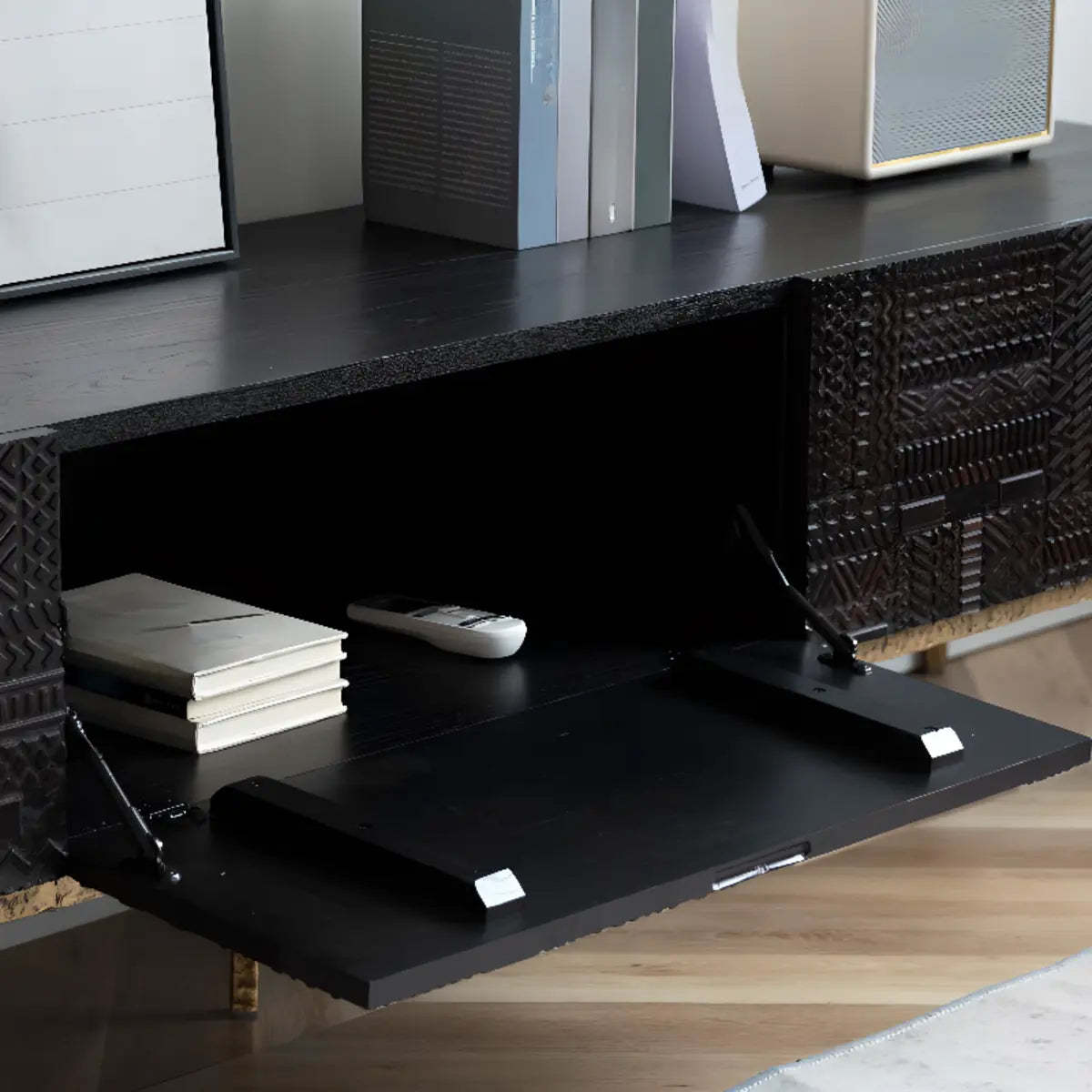Elegant Black Wood Rectangle Carving TV Stand