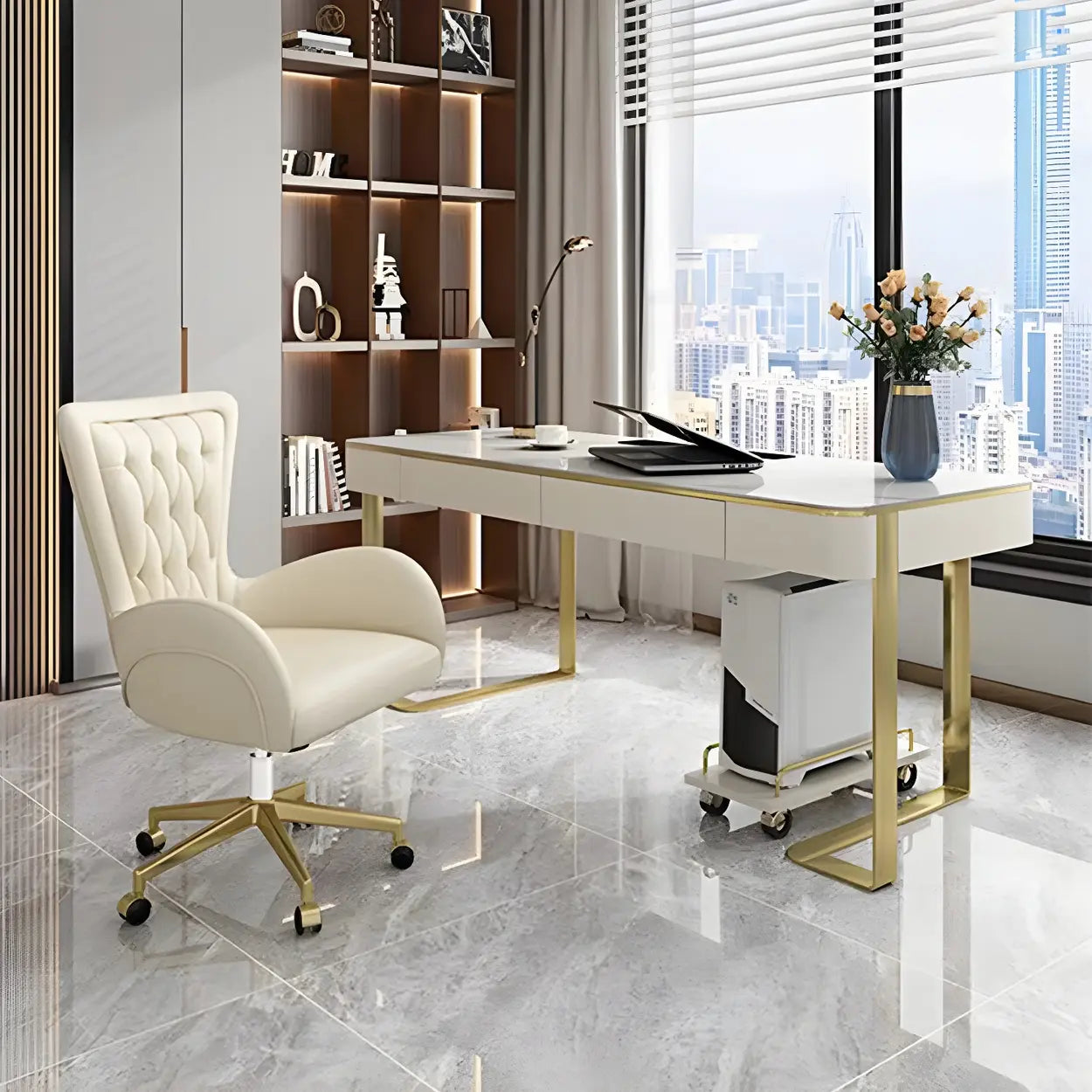 Elegant Cream Gold Ergonomic Leather Office Chair