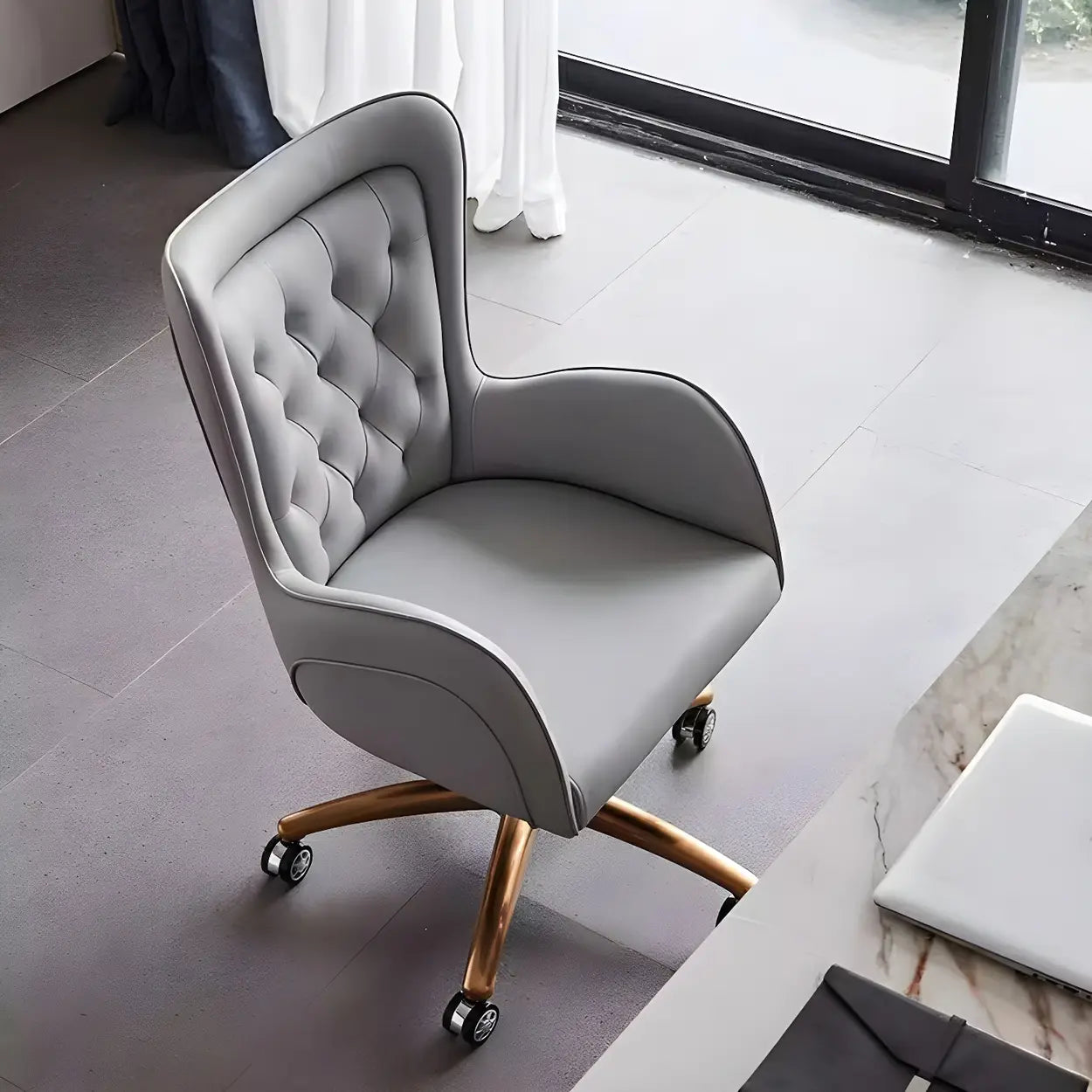 Elegant Cream Gold Ergonomic Leather Office Chair — Cream / 1 Piece