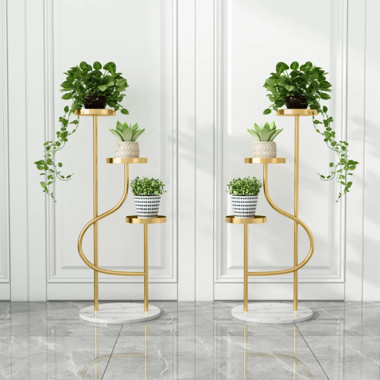 Elegant Curved Metal 3-Tier Gold Indoor Plant Stand — Black-White
