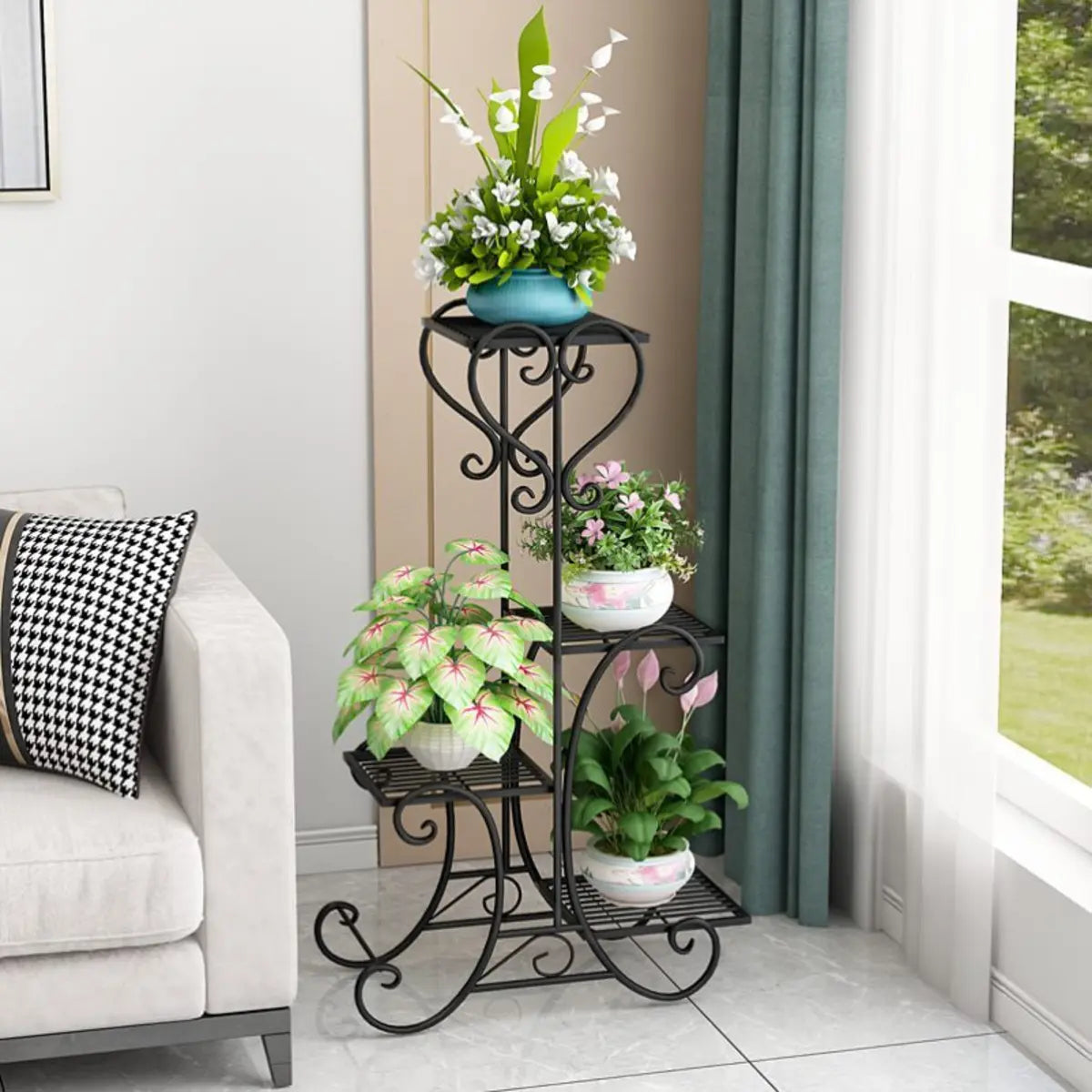 Elegant Curved Black Metal Floor Plant Stand