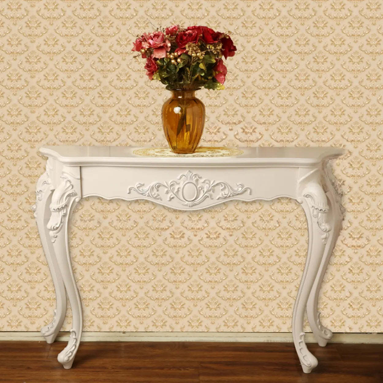 Elegant Curved Cream Wood Narrow Console Table — White-Gold