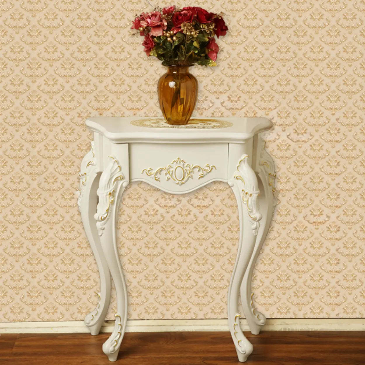 Elegant Curved Cream Wood Narrow Console Table — White-Gold