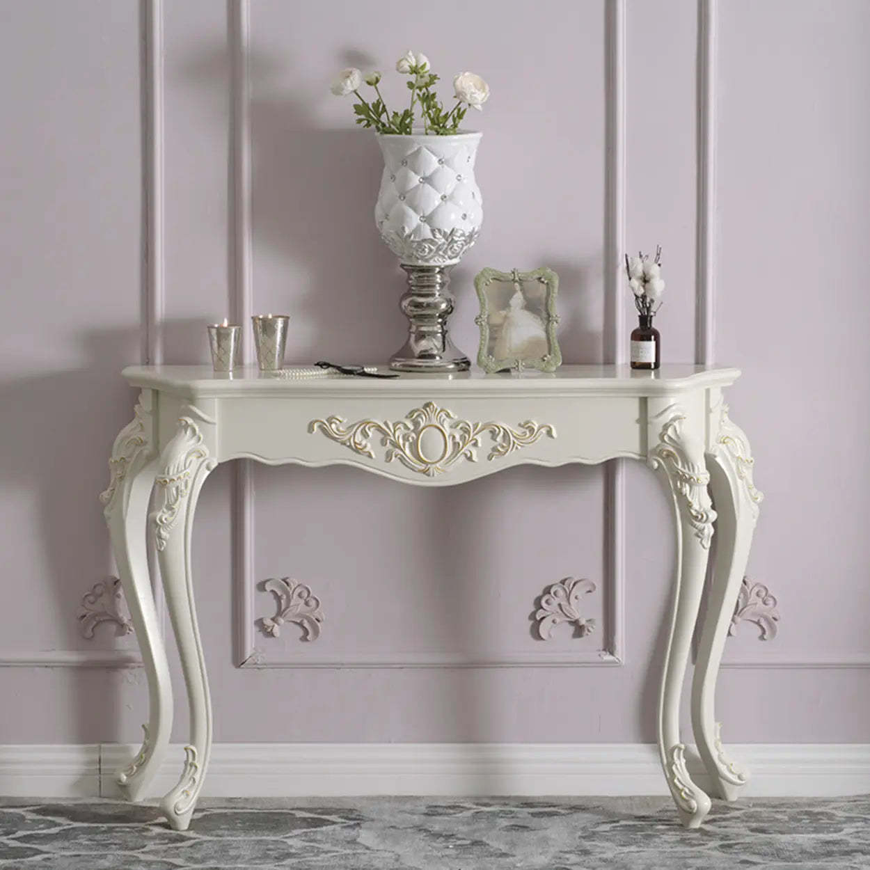 Elegant Curved Cream Wood Narrow Console Table — White/ Silver