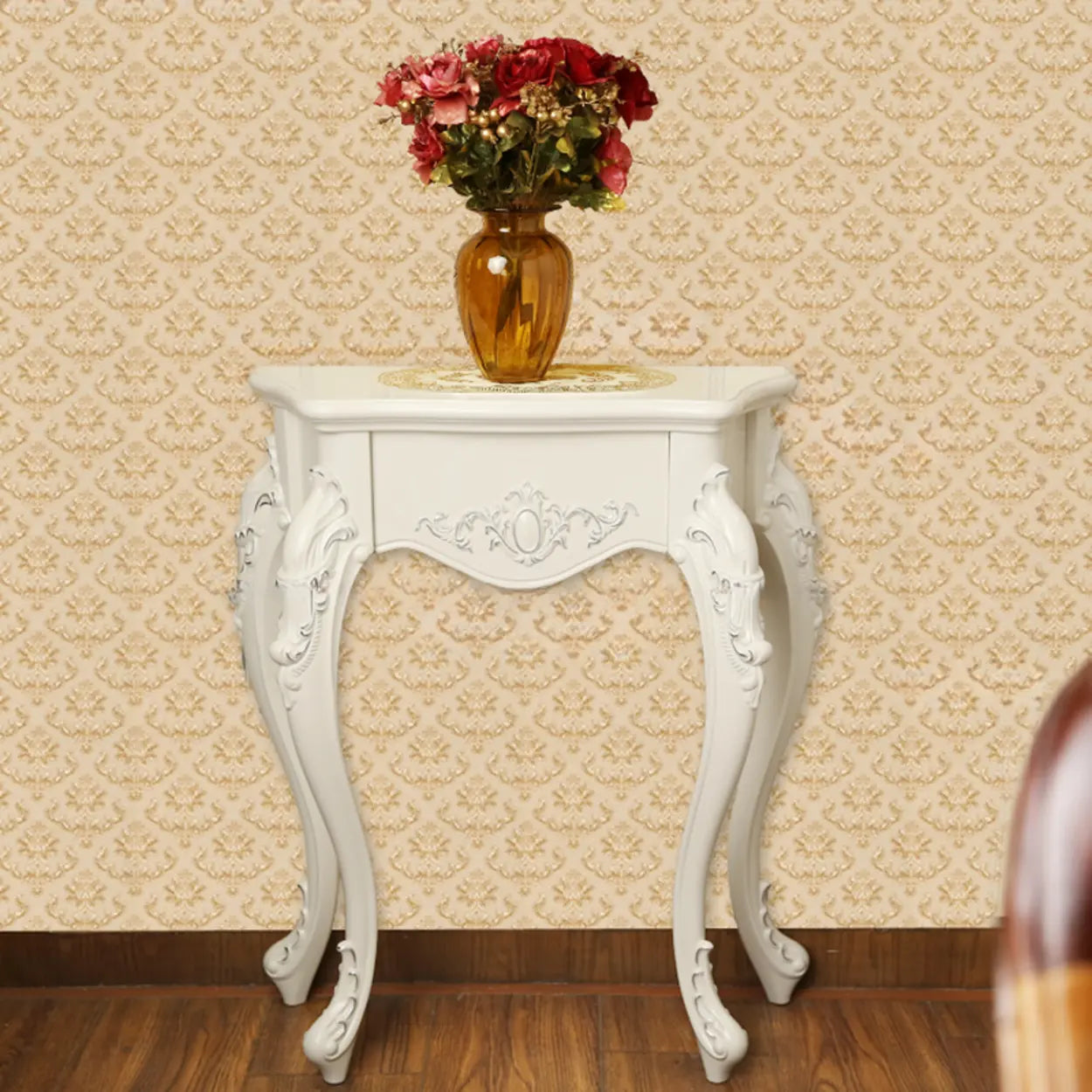 Elegant Curved Cream Wood Narrow Console Table — White/ Silver