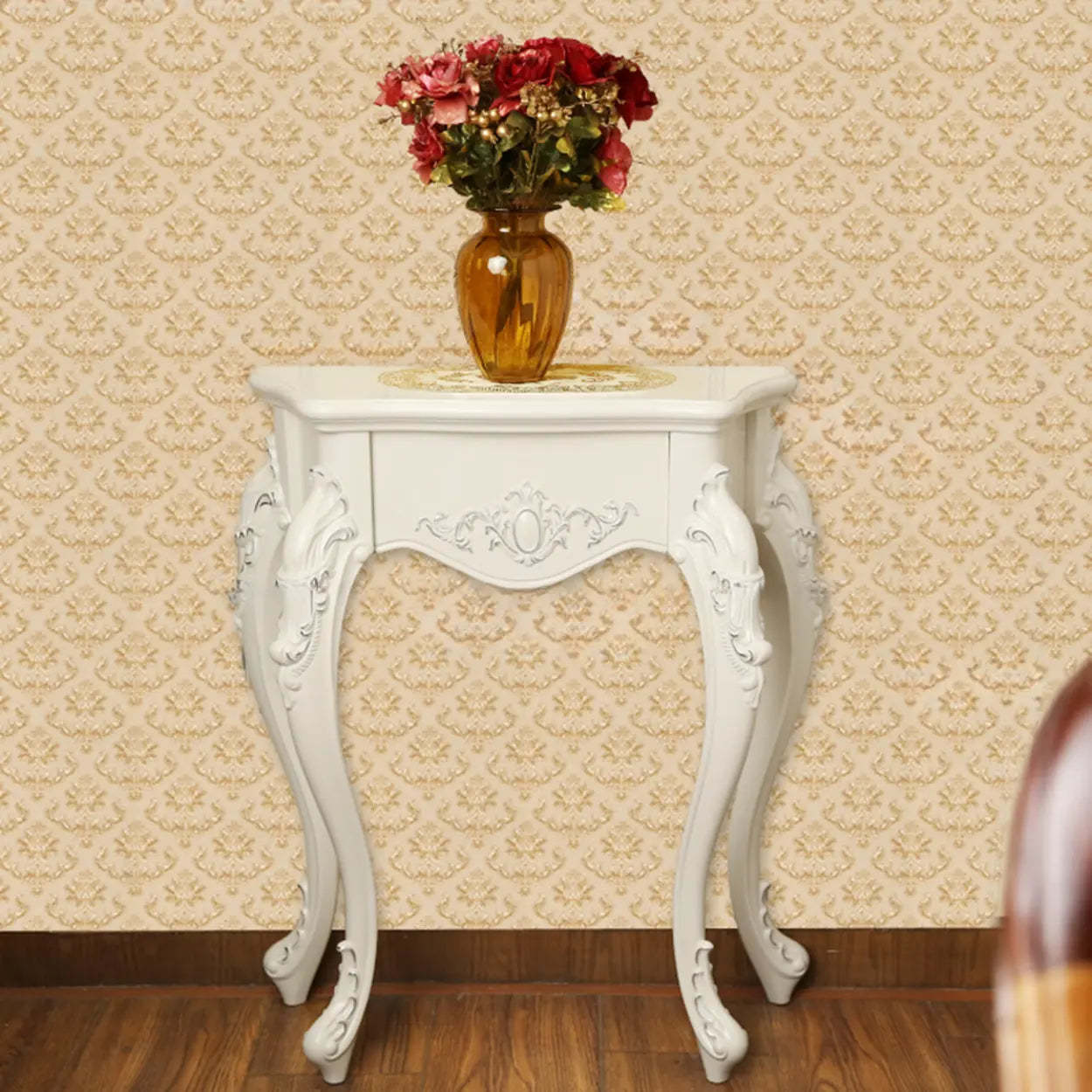 Elegant Curved Cream Wood Narrow Console Table — White/ Silver