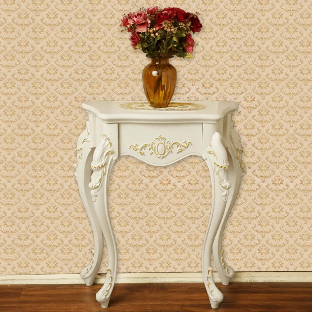 Elegant Curved Cream Wood Narrow Console Table — White/ Silver