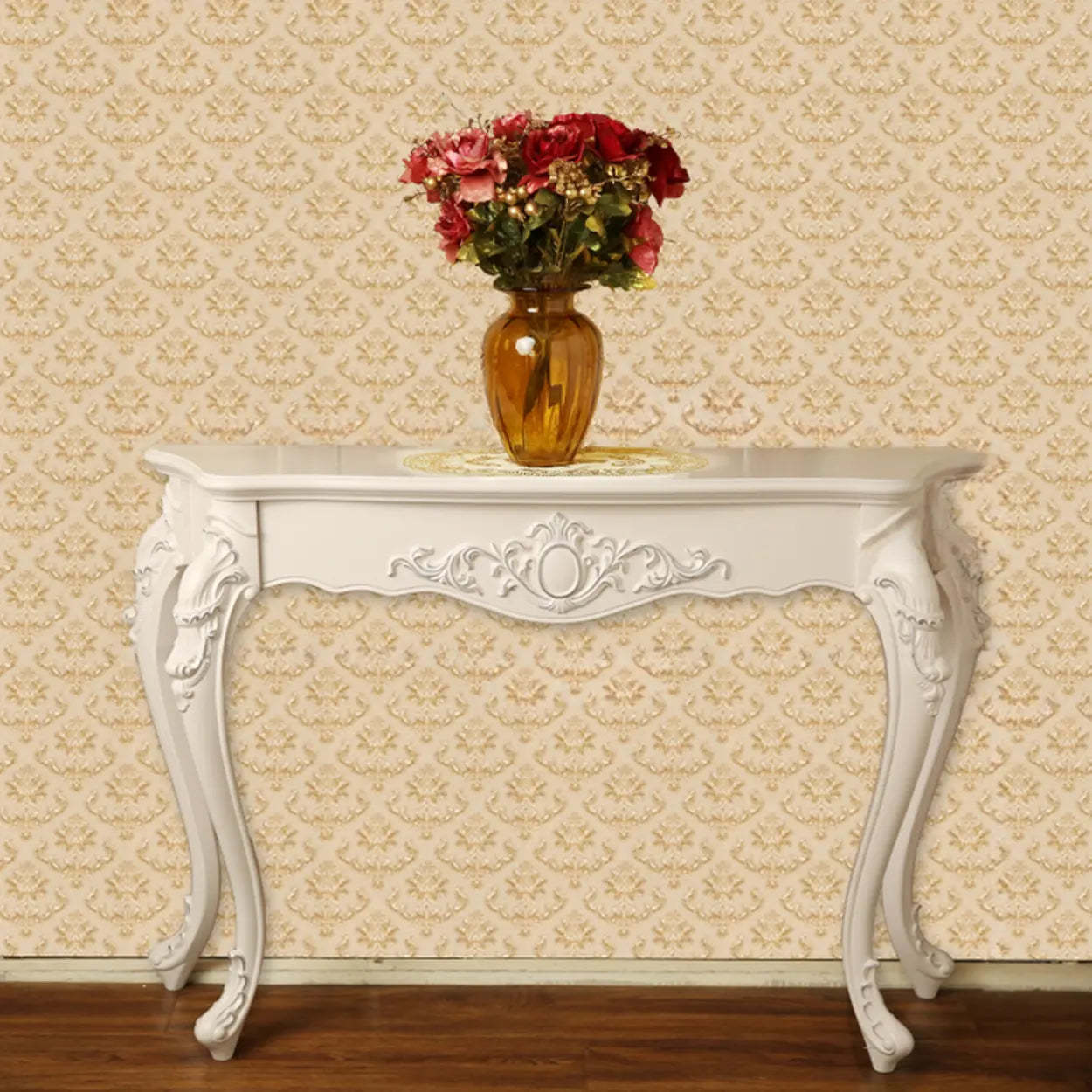 Elegant Curved Cream Wood Narrow Console Table — White/ Silver