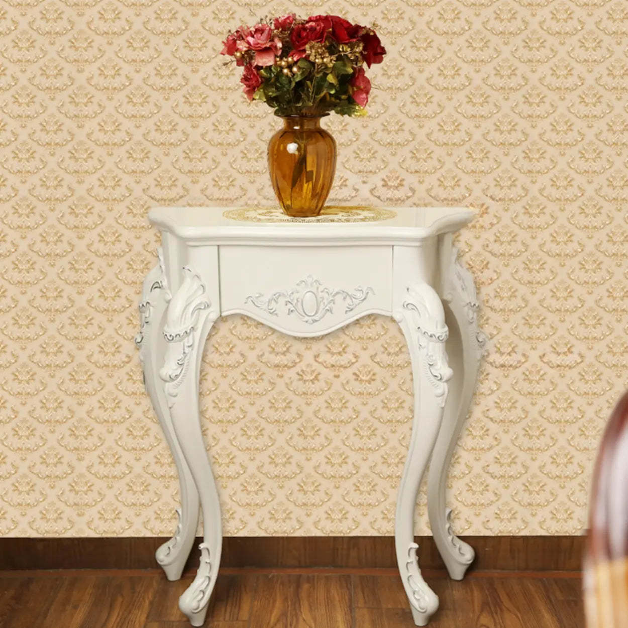 Elegant Curved Cream Wood Narrow Console Table — White-Gold