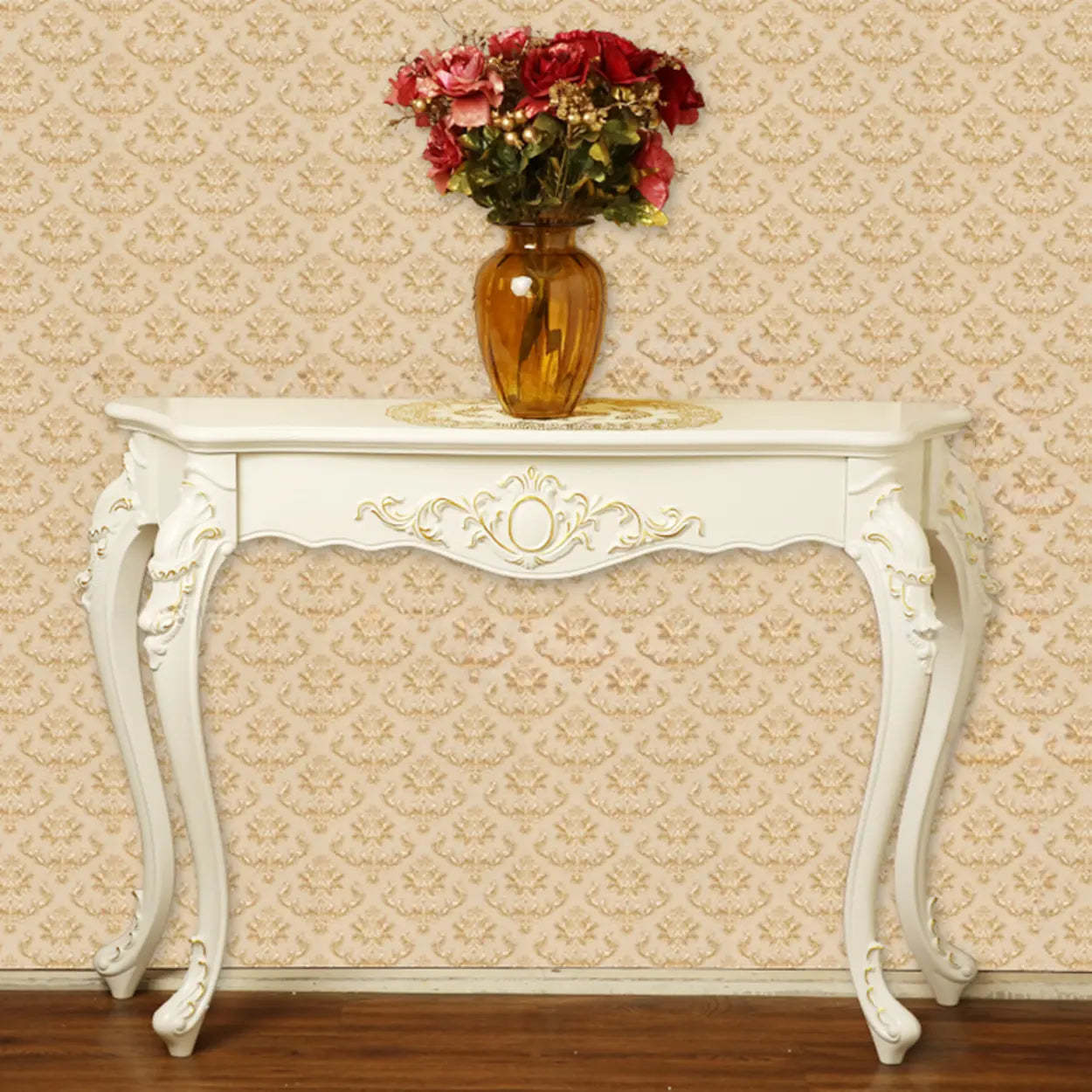 Elegant Curved Cream Wood Narrow Console Table — White-Gold