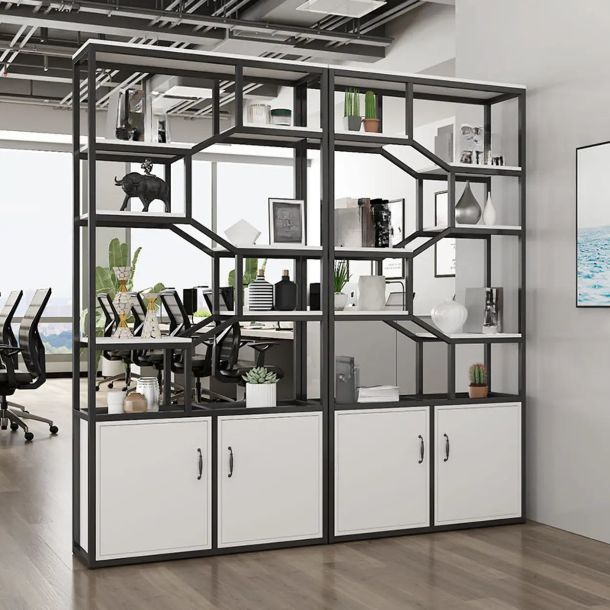Elegant Geometric Black Metal Display Cabinet