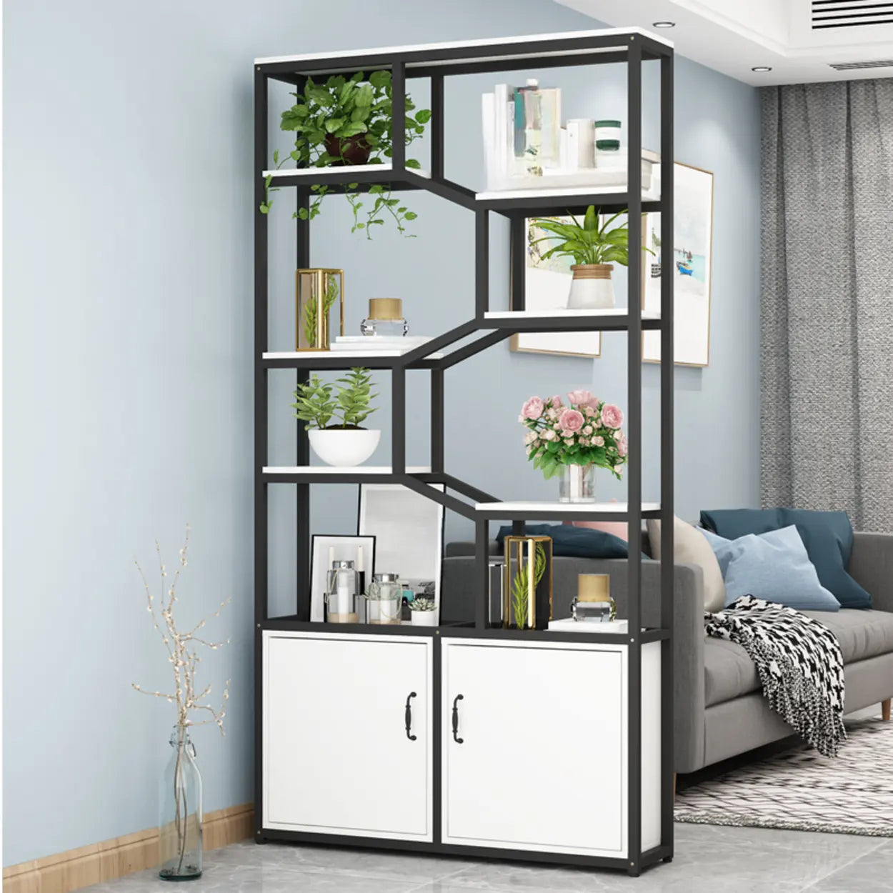 Geometric storage metal wine cabinets for dining room — 47" L x 12" W x 79" H