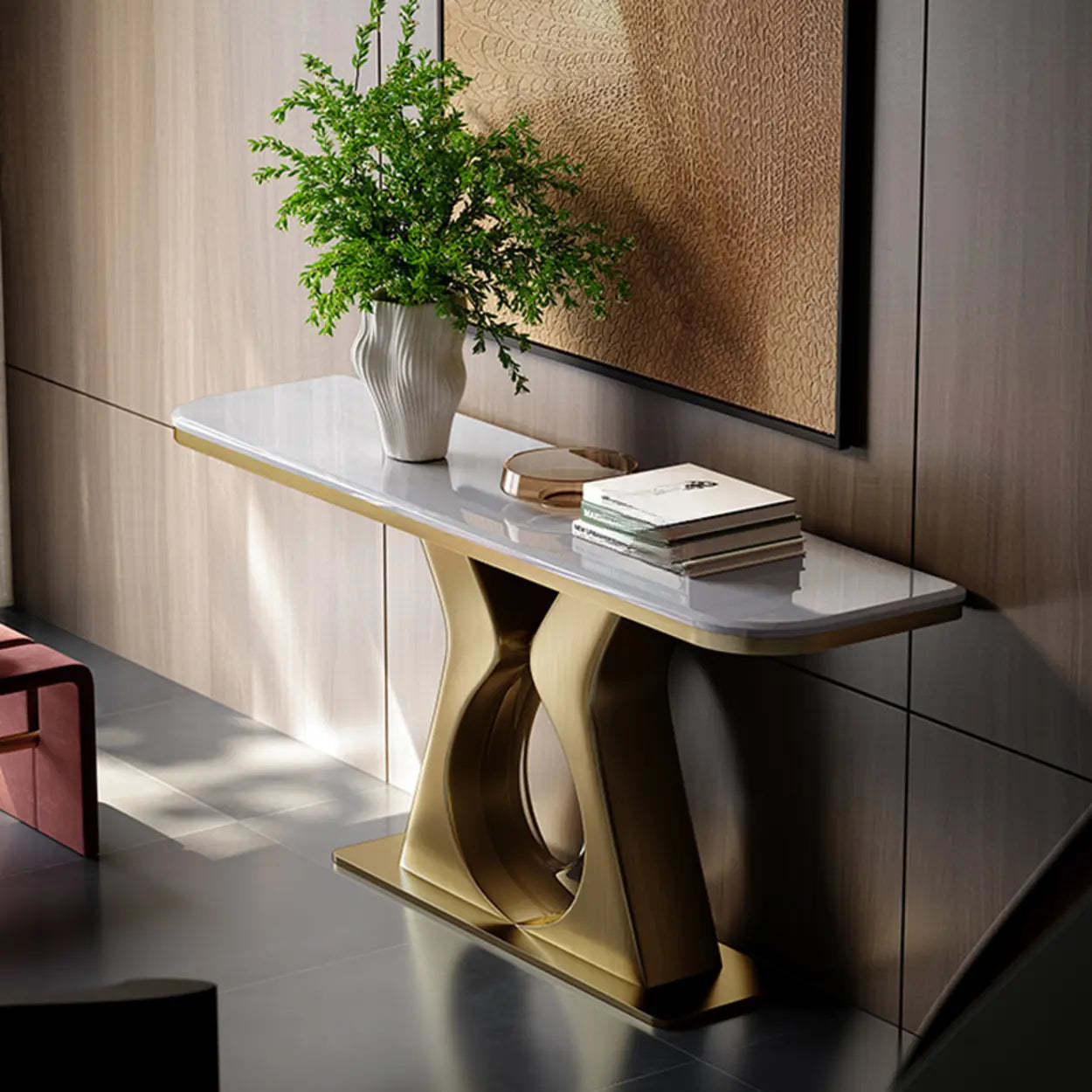 Elegant Gold Base Marble Rectangular Console Table — White