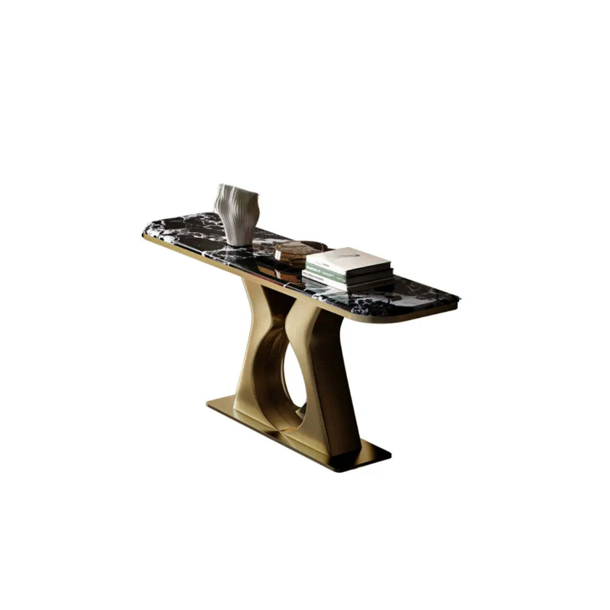 Modern base rectangular gold end & side tables, Lighom — 39" L x 14" W x 33" H / Black & White