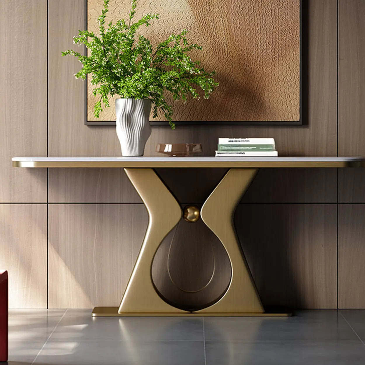 Elegant Gold Base Marble Rectangular Console Table — White