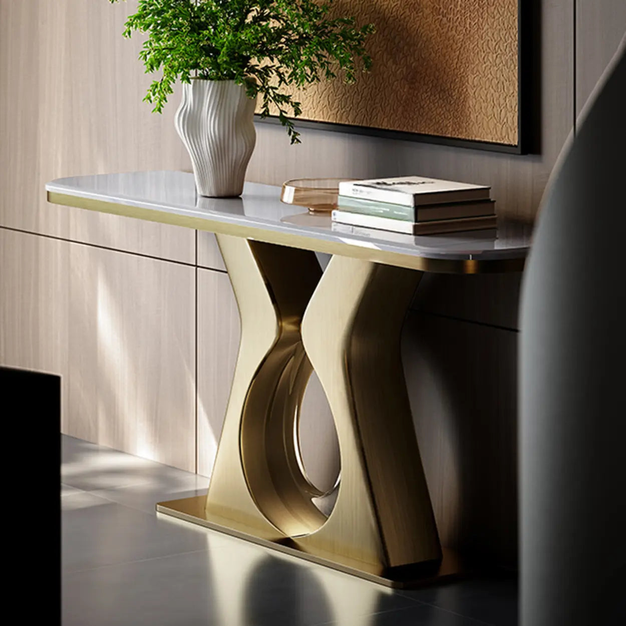 Elegant Gold Base Marble Rectangular Console Table — Blue/ Green