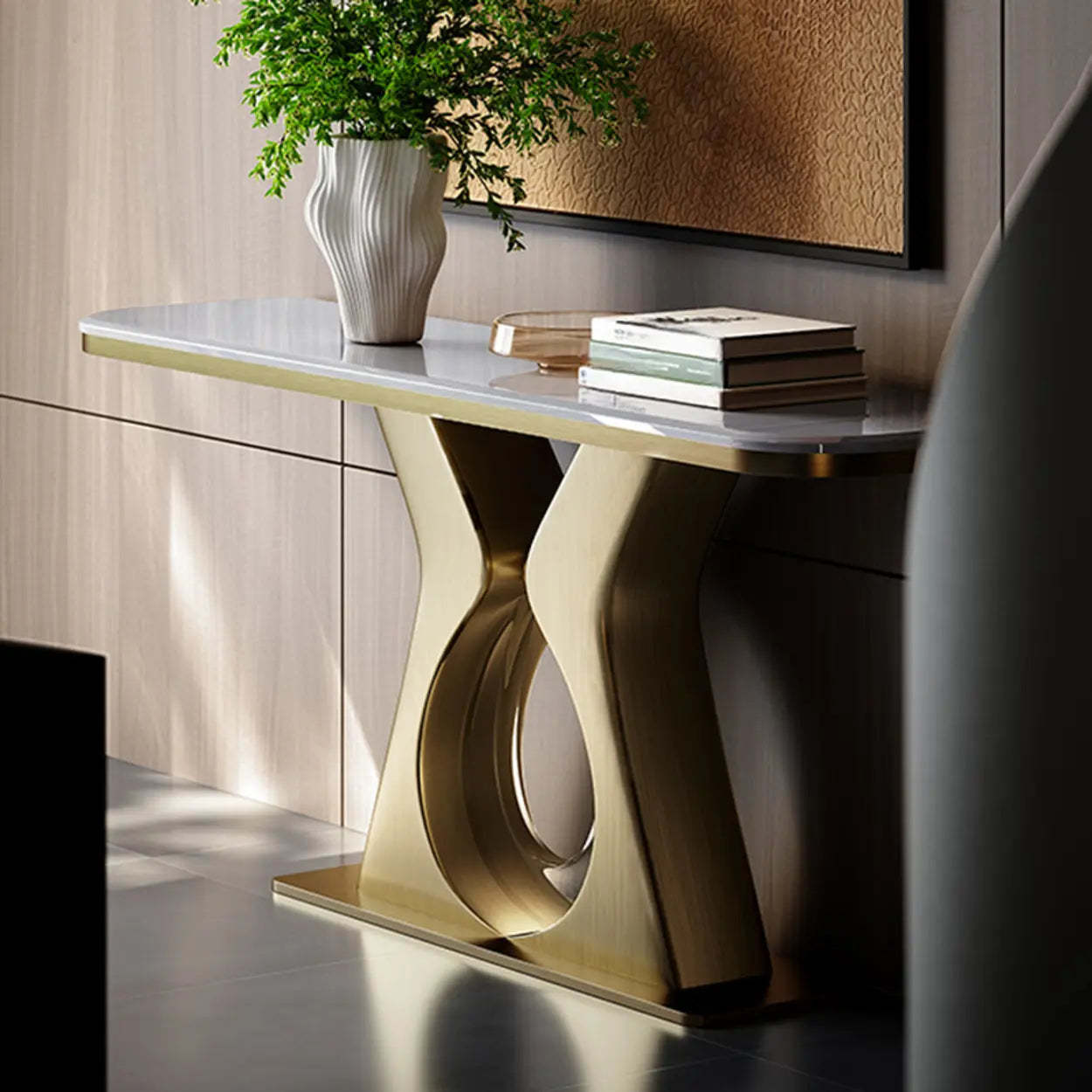 Elegant Gold Base Marble Rectangular Console Table — Blue/ Green
