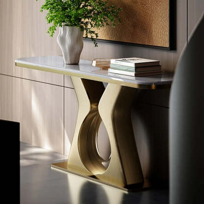 Elegant Gold Base Marble Rectangular Console Table — Blue/ Green
