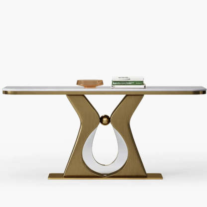 Elegant Gold Base Marble Rectangular Console Table — White
