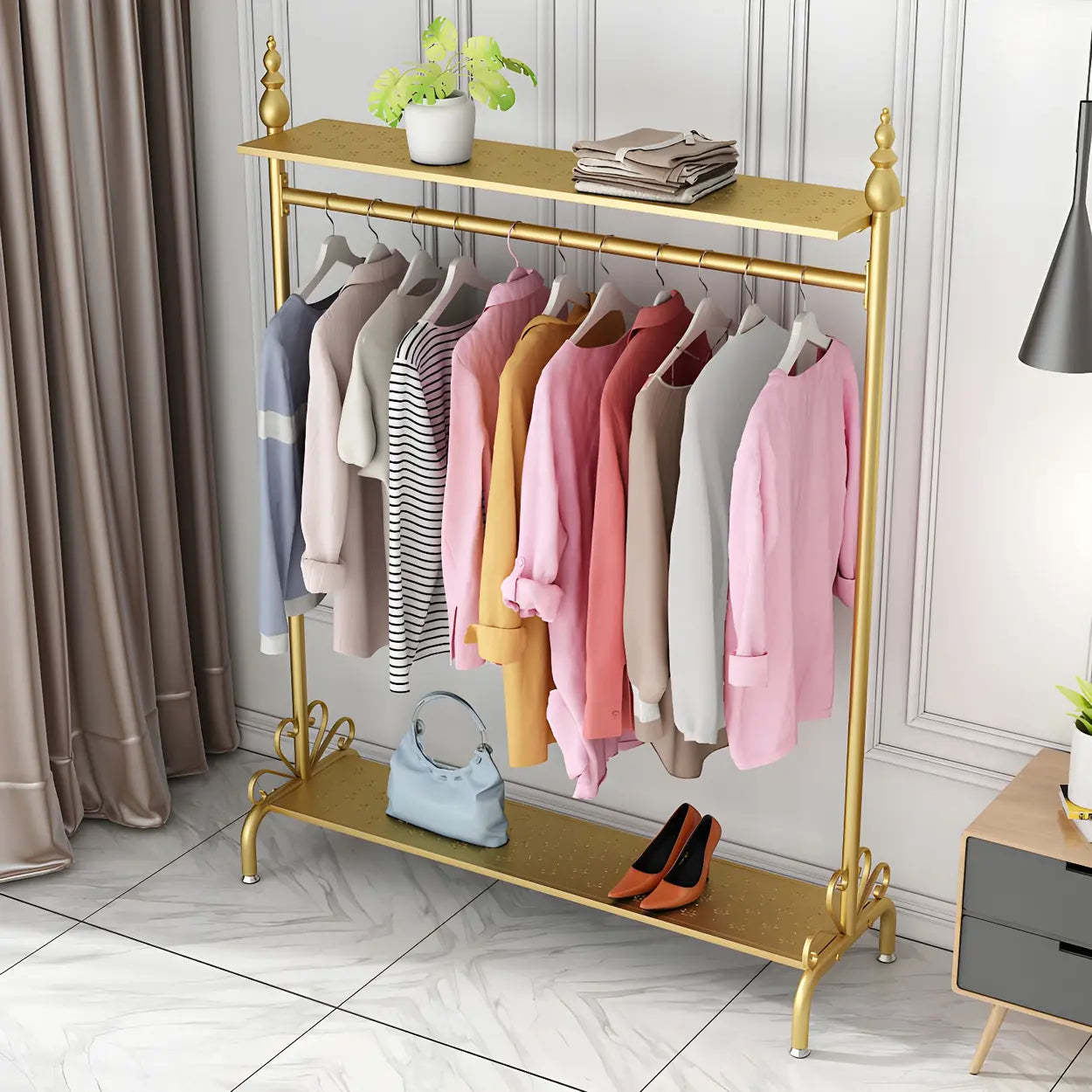 Metal Freestanding Coat Rack with Shelves — Black