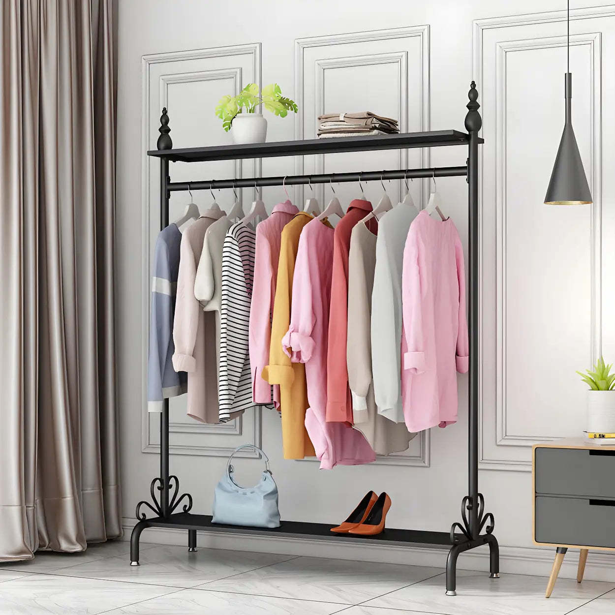 Metal Freestanding Coat Rack with Shelves — White