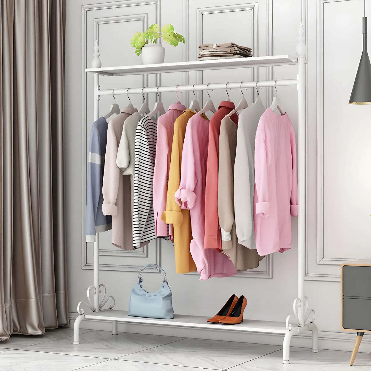 Metal Freestanding Coat Rack with Shelves — Gold