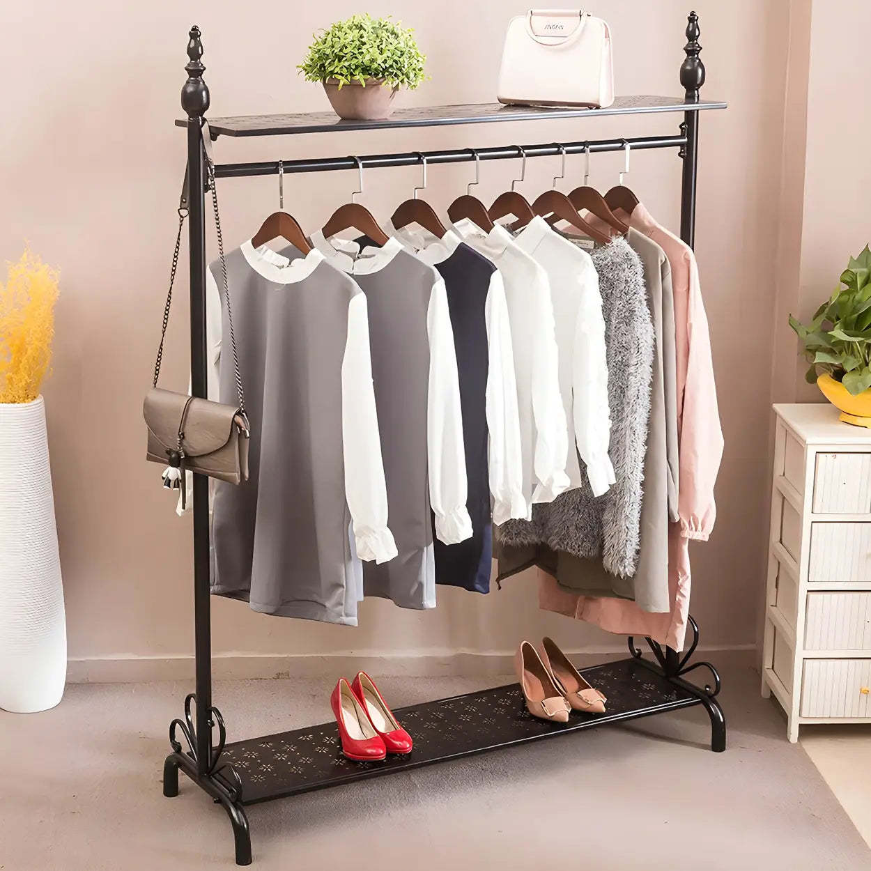 Metal Freestanding Coat Rack with Shelves — Black