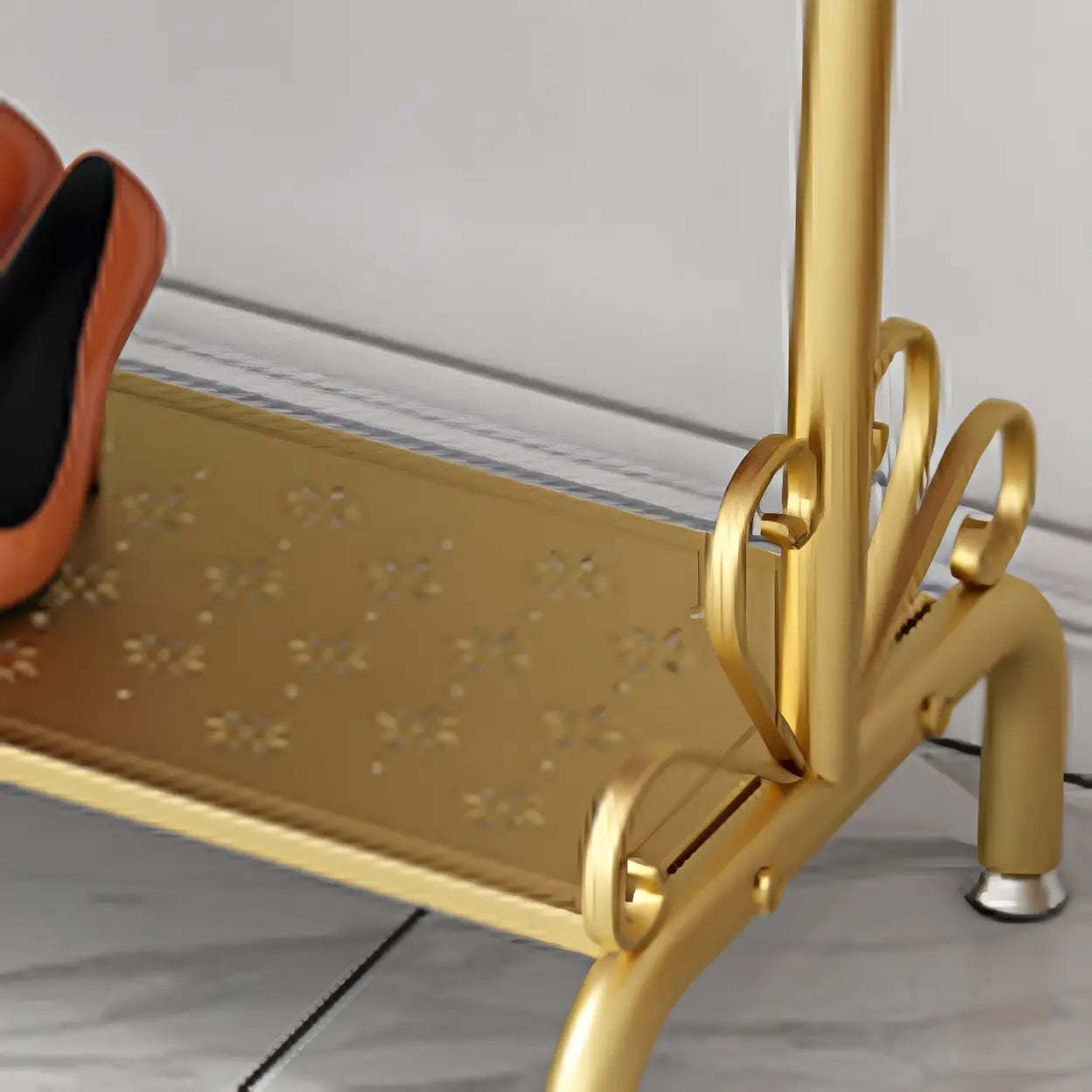 Metal Freestanding Coat Rack with Shelves — Gold