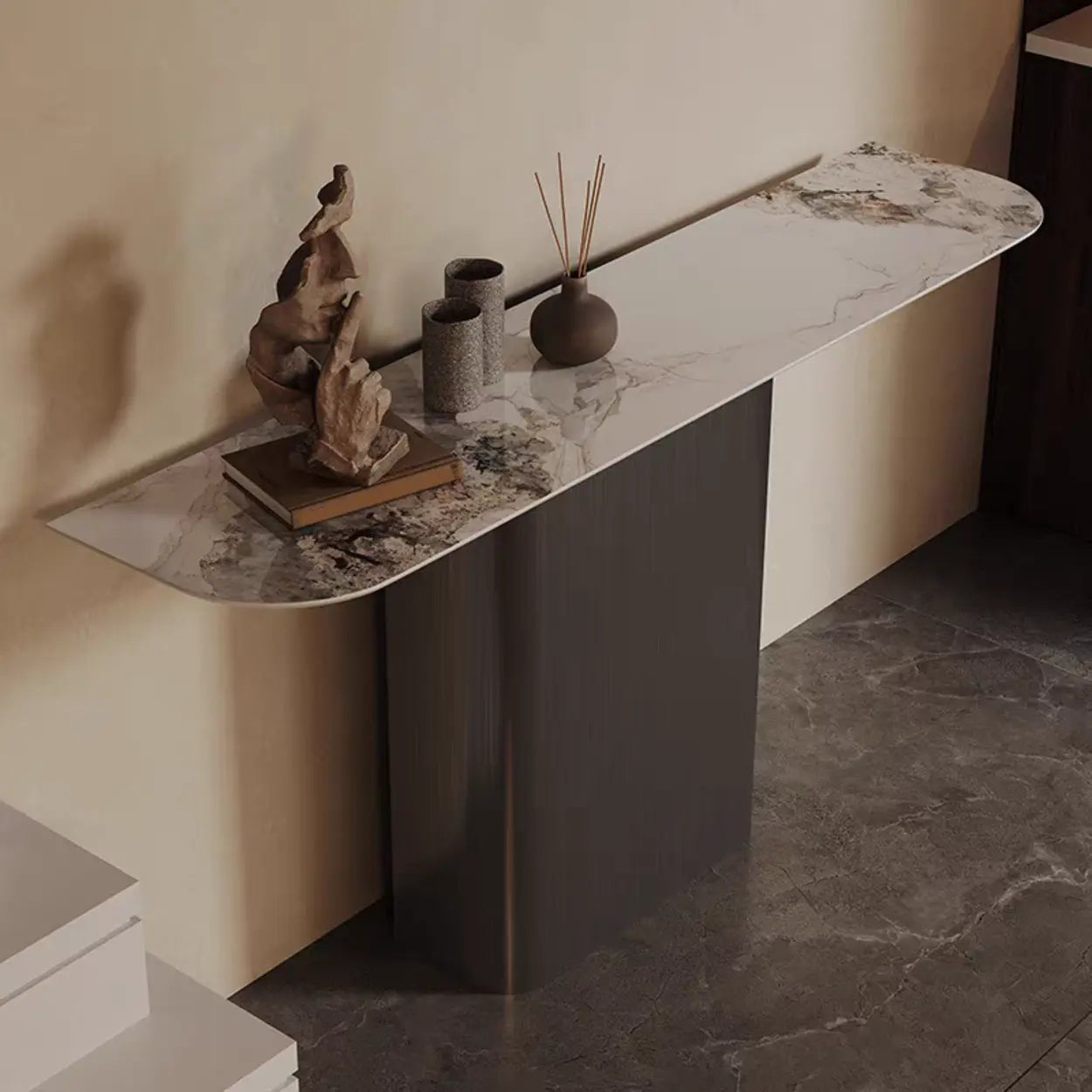 Half-Circle Pedestal Stone Console Table — Black