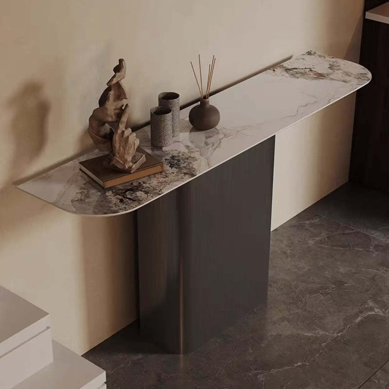 Half-Circle Pedestal Stone Console Table — Black
