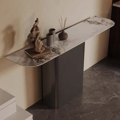 Half-Circle Pedestal Stone Console Table — Black