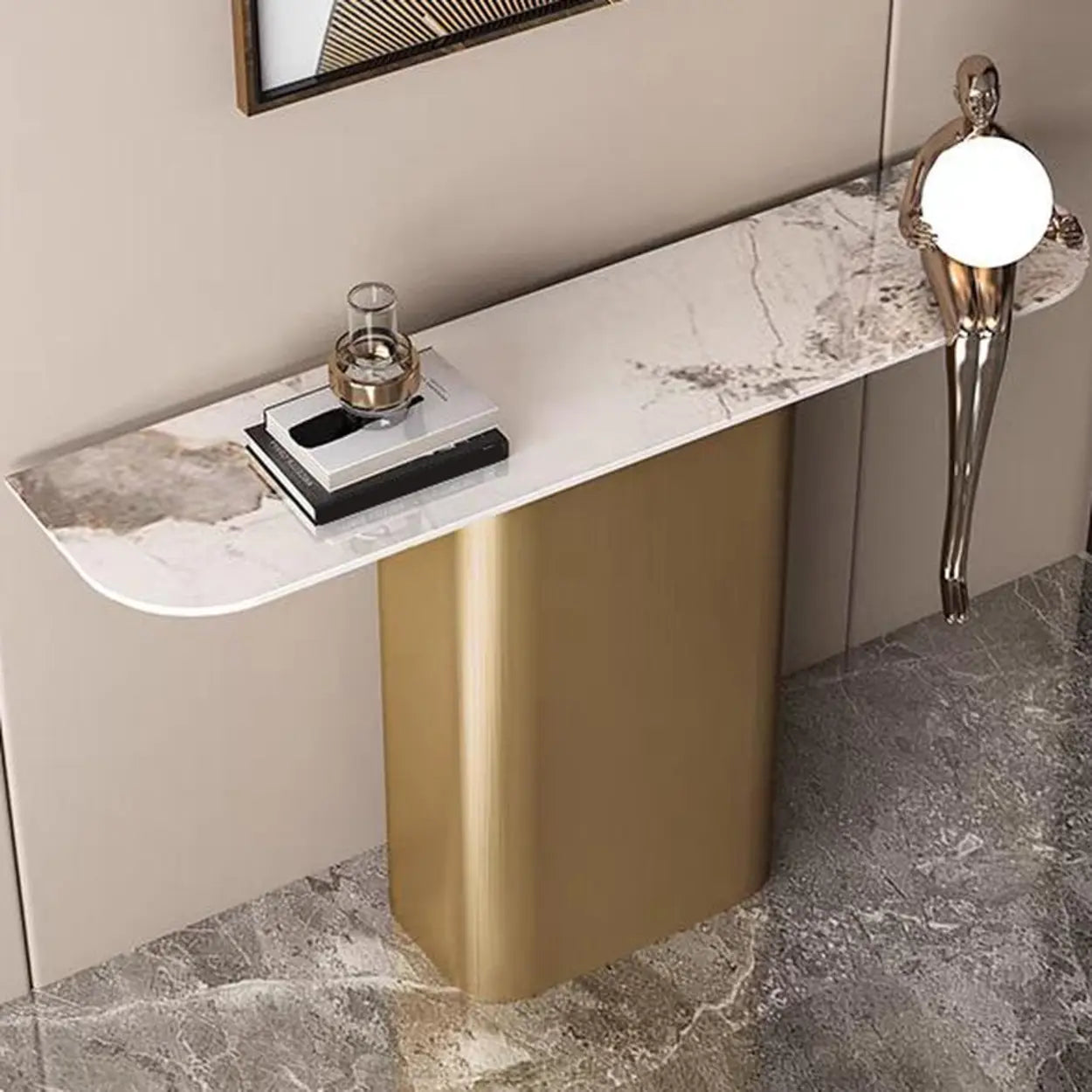 Half-Circle Pedestal Stone Console Table — Black