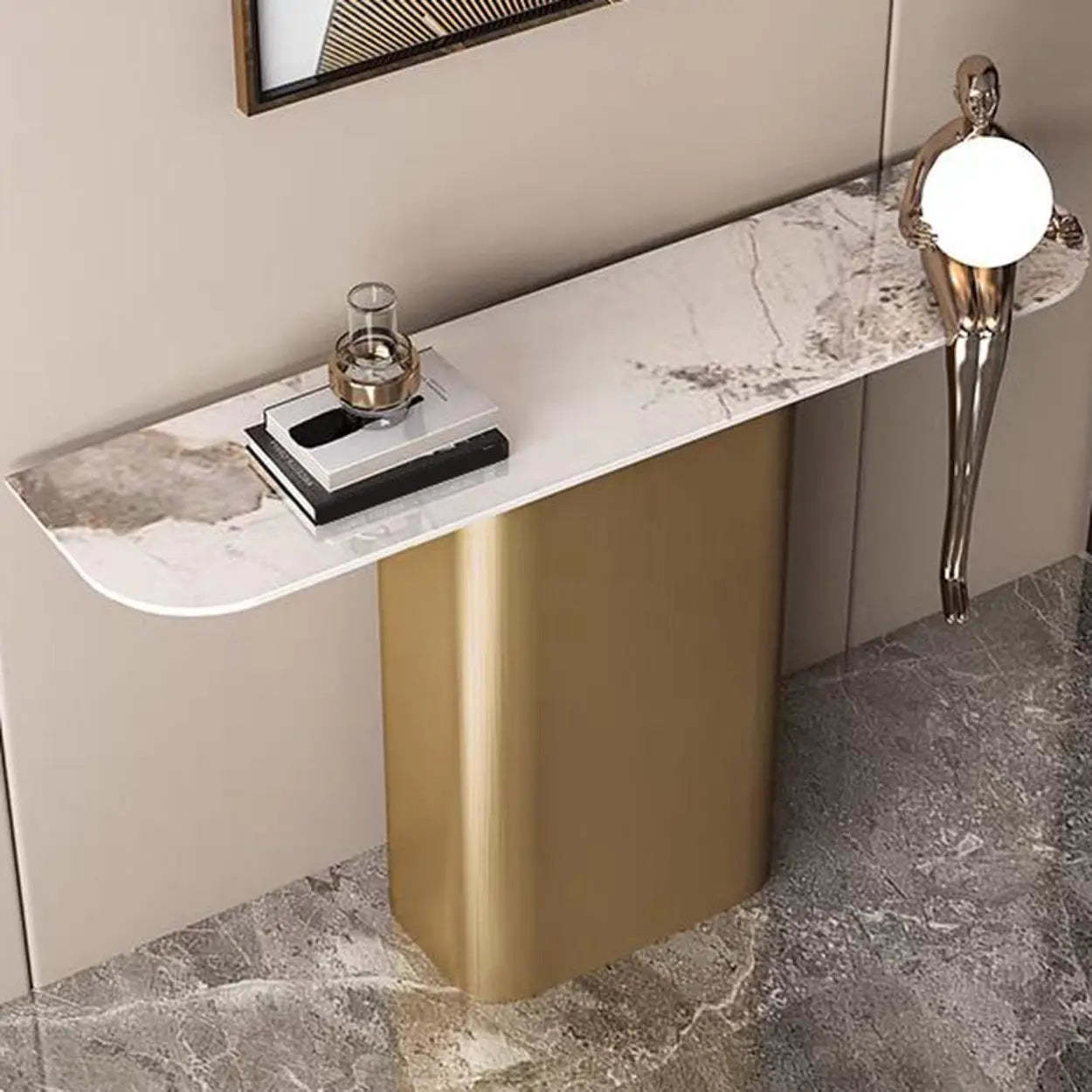 Half-Circle Pedestal Stone Console Table — Black