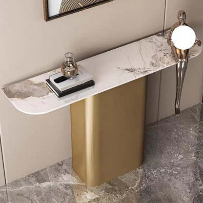 Half-Circle Pedestal Stone Console Table — Black