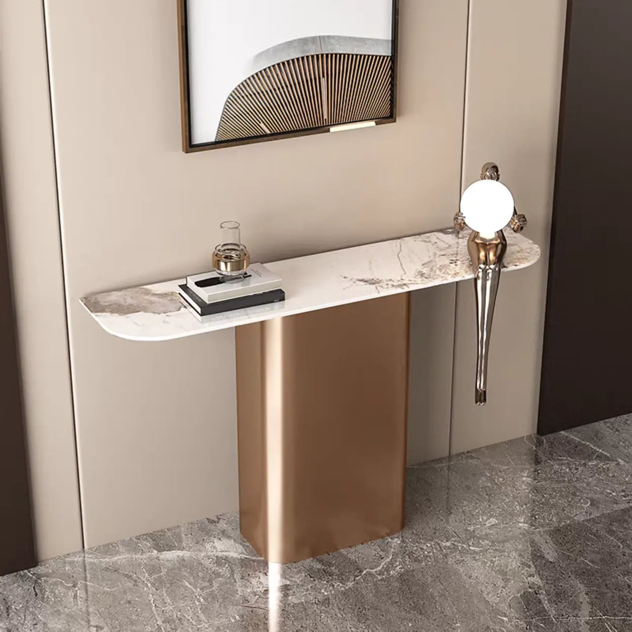 Half-Circle Pedestal Stone Console Table — Bronze