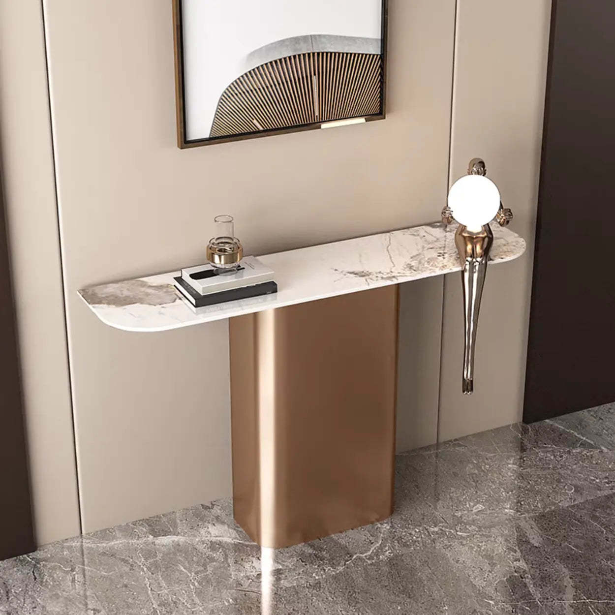 Half-Circle Pedestal Stone Console Table — Bronze