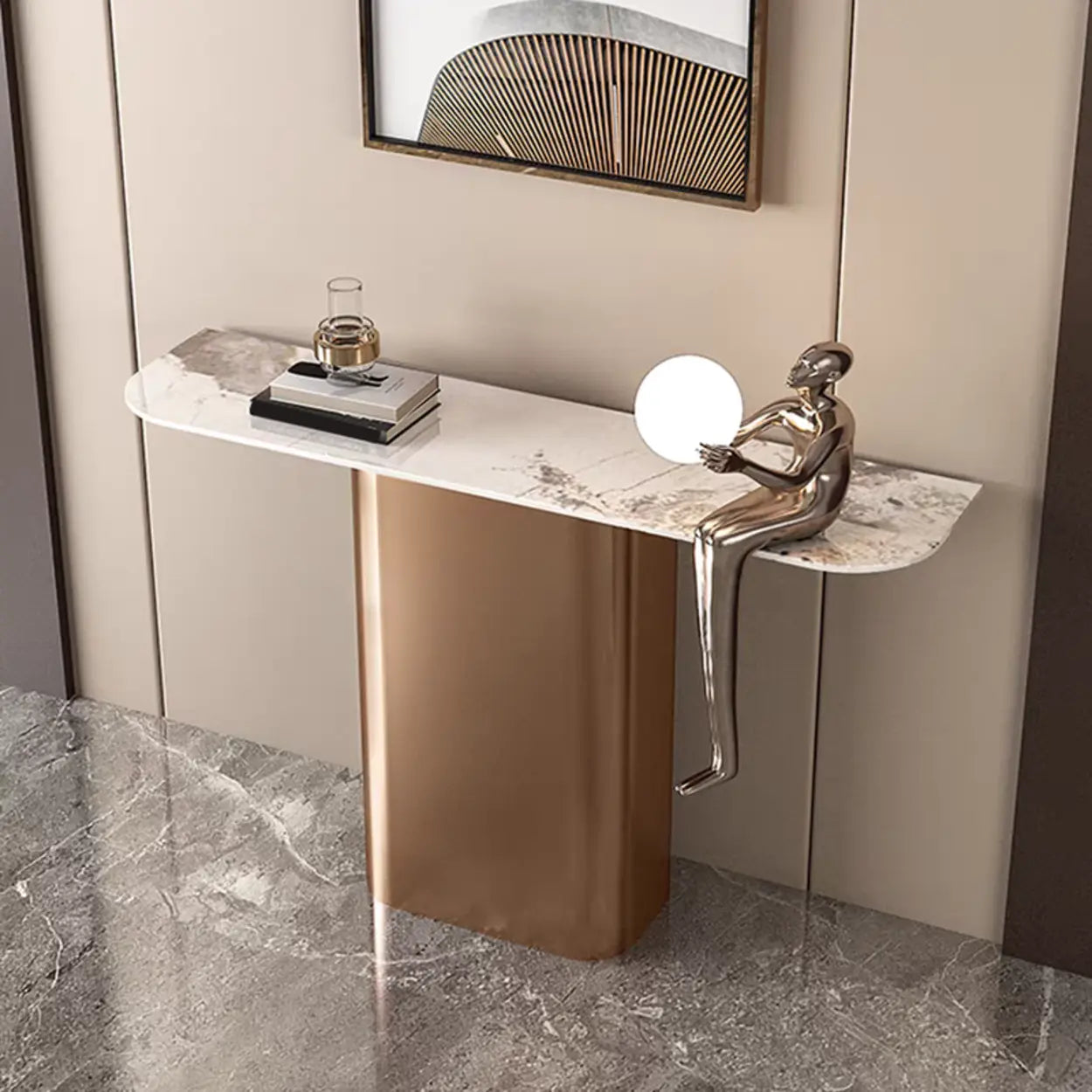 Half-Circle Pedestal Stone Console Table — Bronze