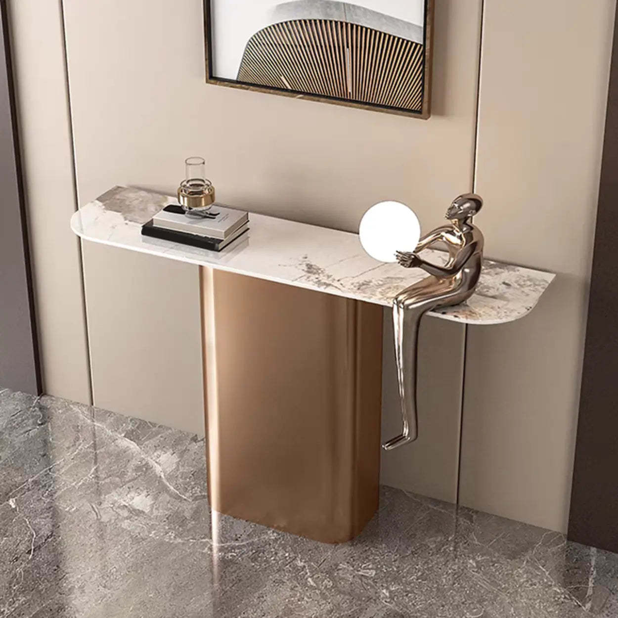 Half-Circle Pedestal Stone Console Table — Bronze