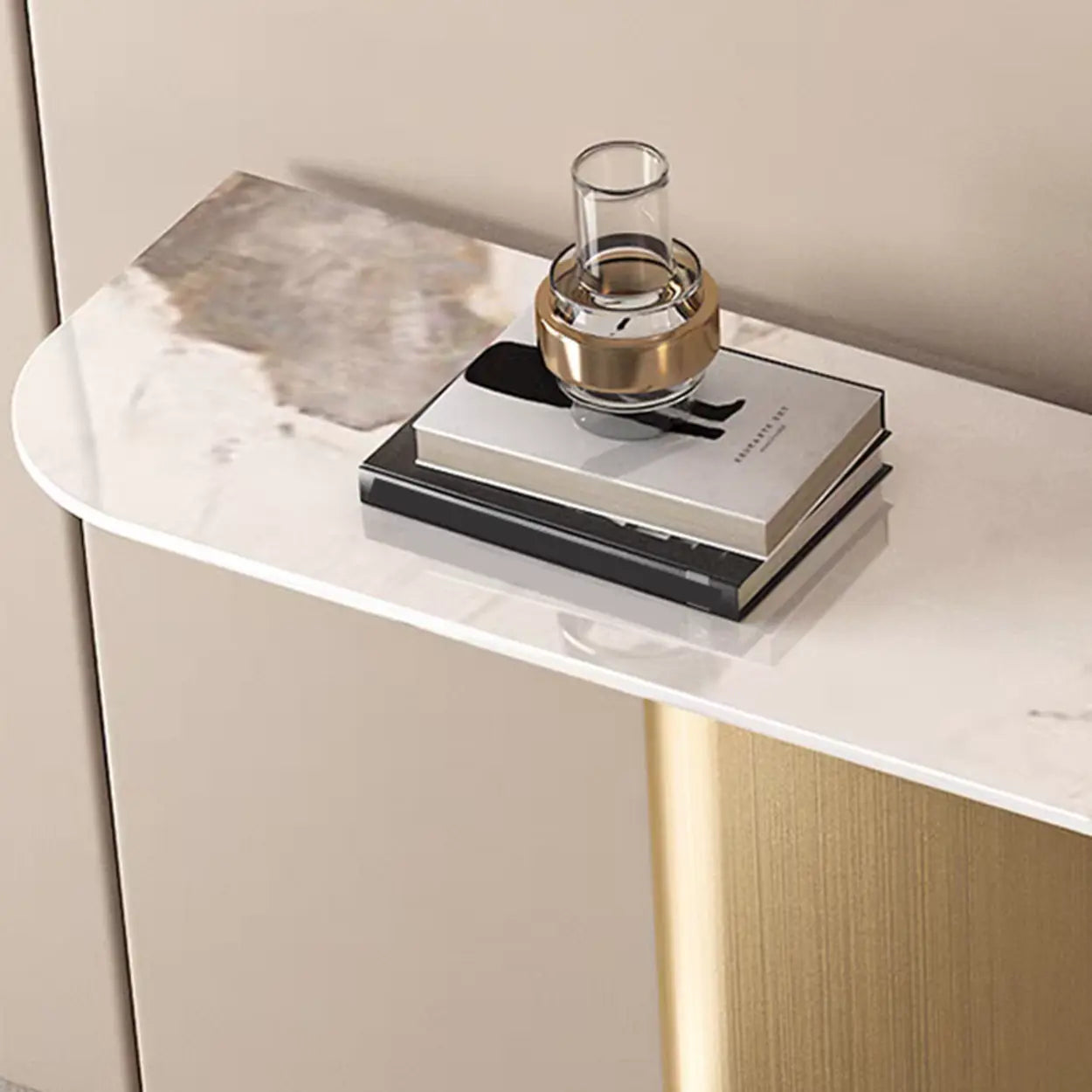 Half-Circle Pedestal Stone Console Table — Bronze