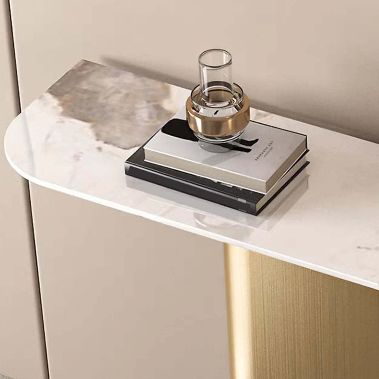 Half-Circle Pedestal Stone Console Table — Bronze