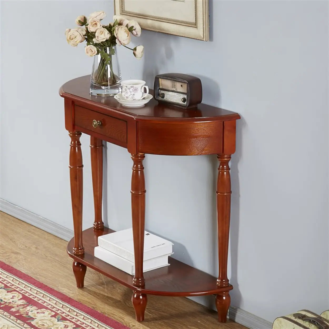 Elegant Half-Moon Cherry Wood Console Table — Dark Walnut