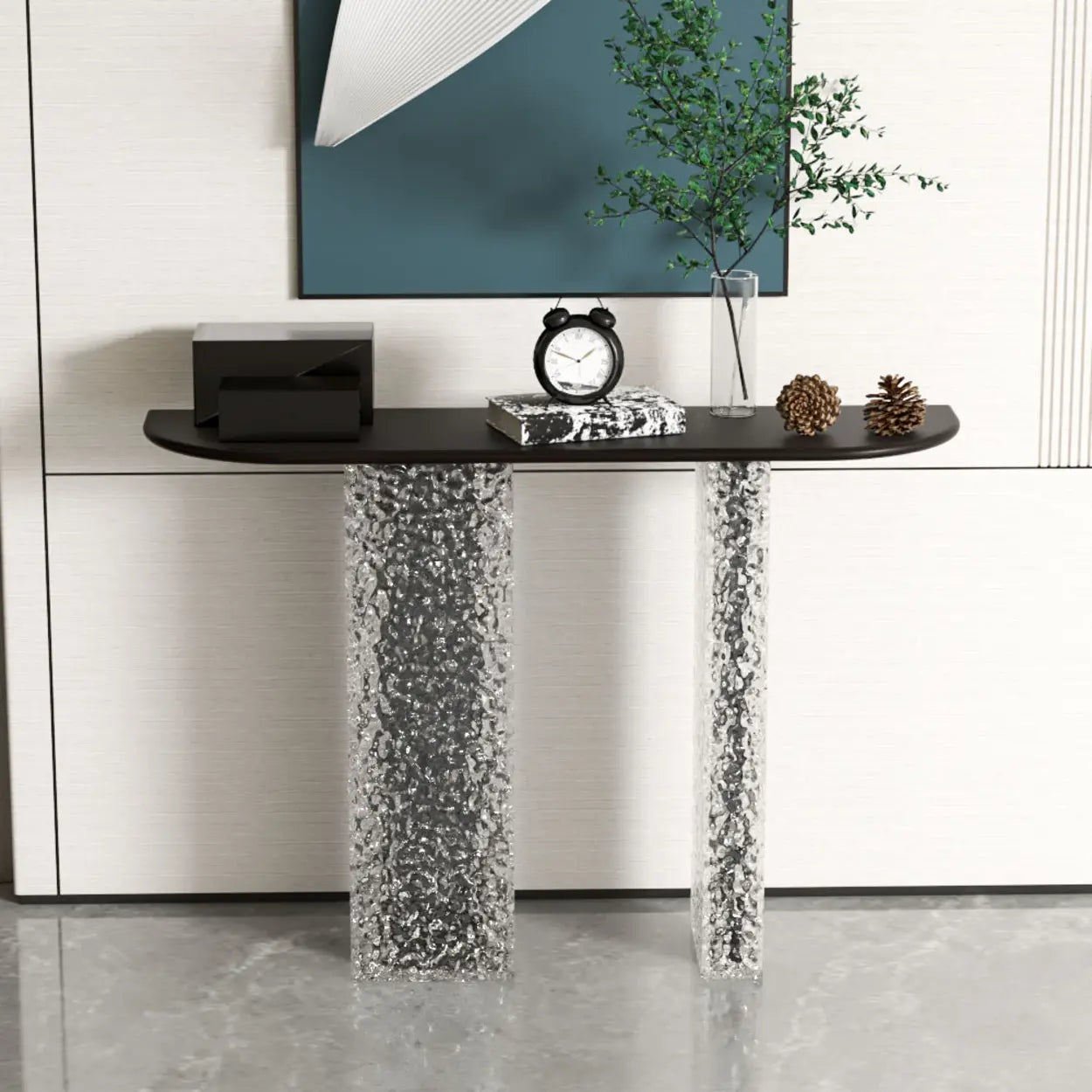 Modern half-moon end & side tables in acrylic — 31"L x 12"W x 31"H