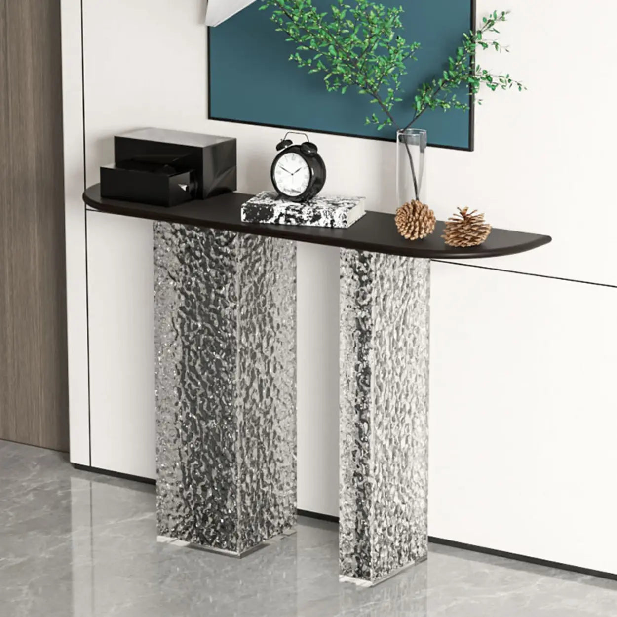 Modern half-moon end & side tables in acrylic — 39"L x 12"W x 31"H