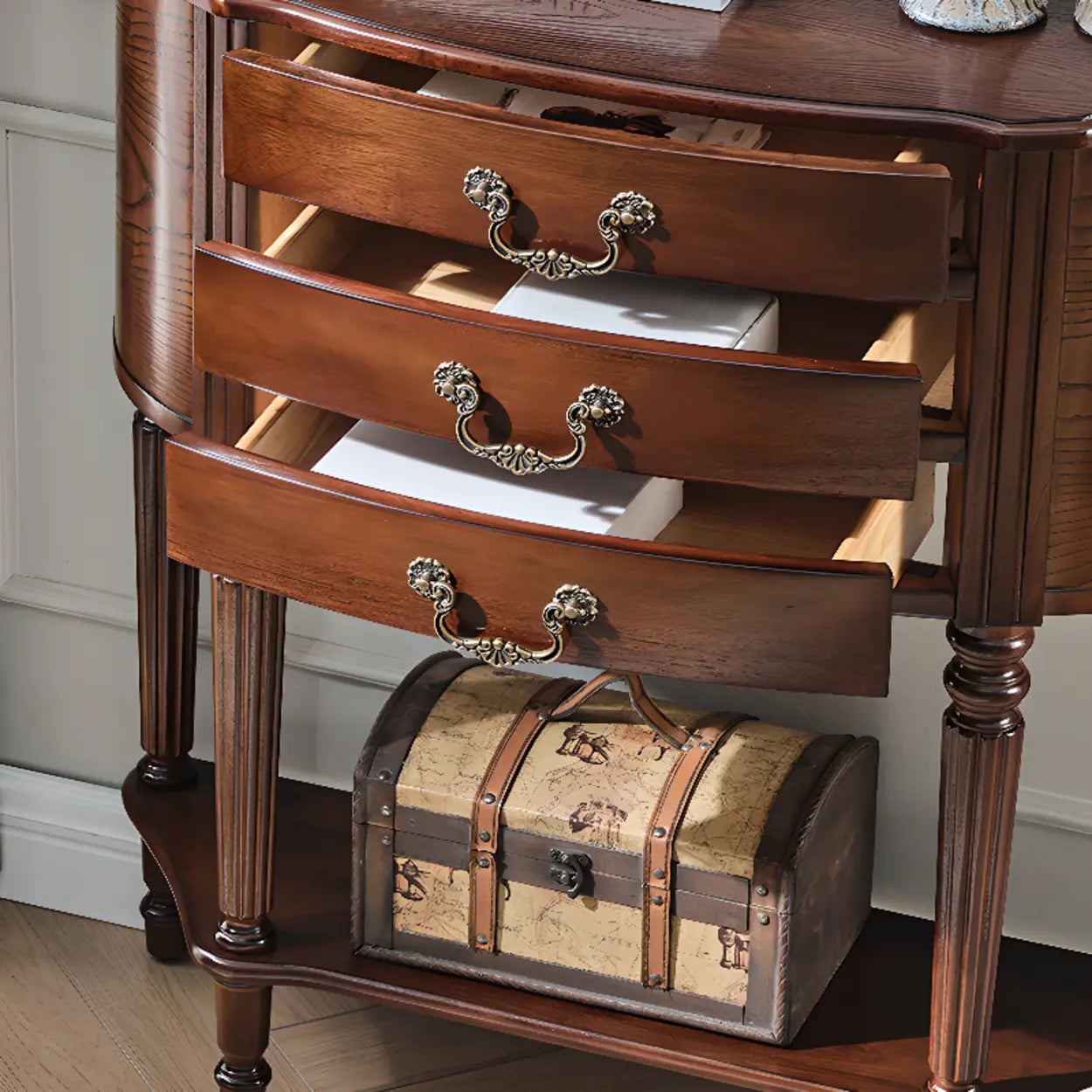Elegant Half-Round Wood Console Table with Drawers — Grey