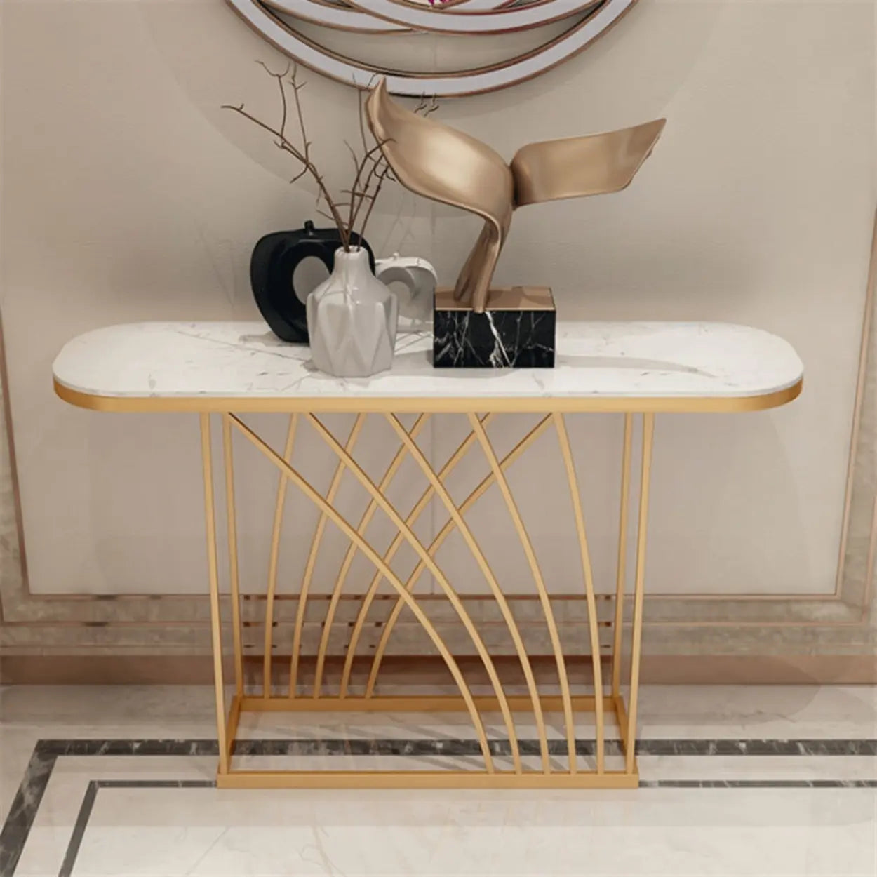 Elegant Metal Oval Marble Gold Foyer Console
