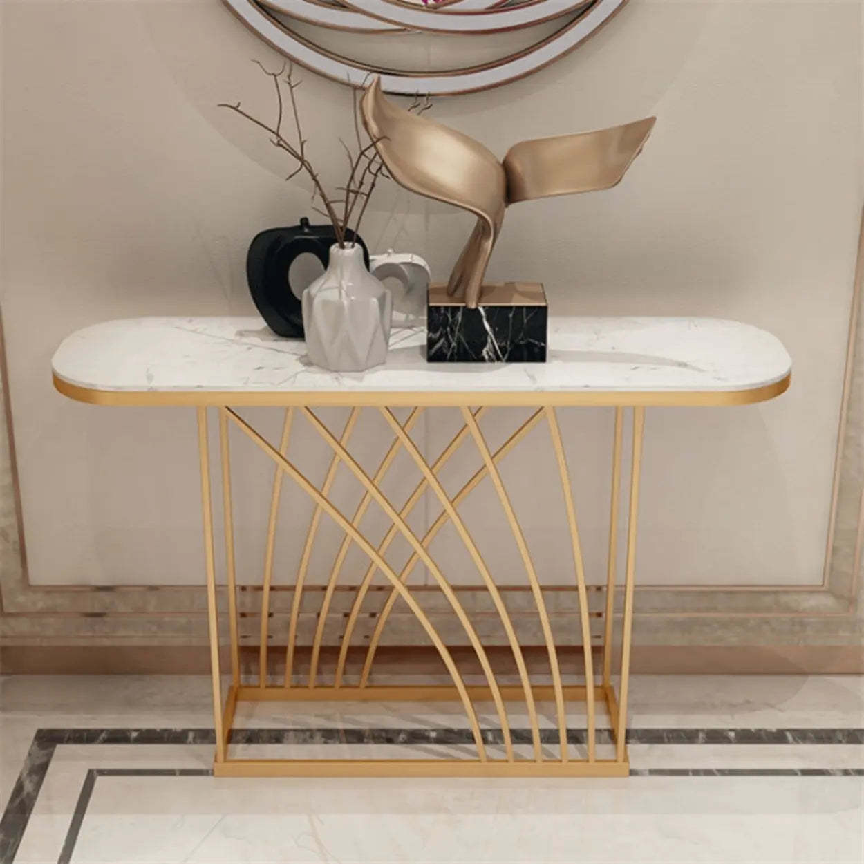 Elegant Metal Oval Marble Gold Foyer Console — Black